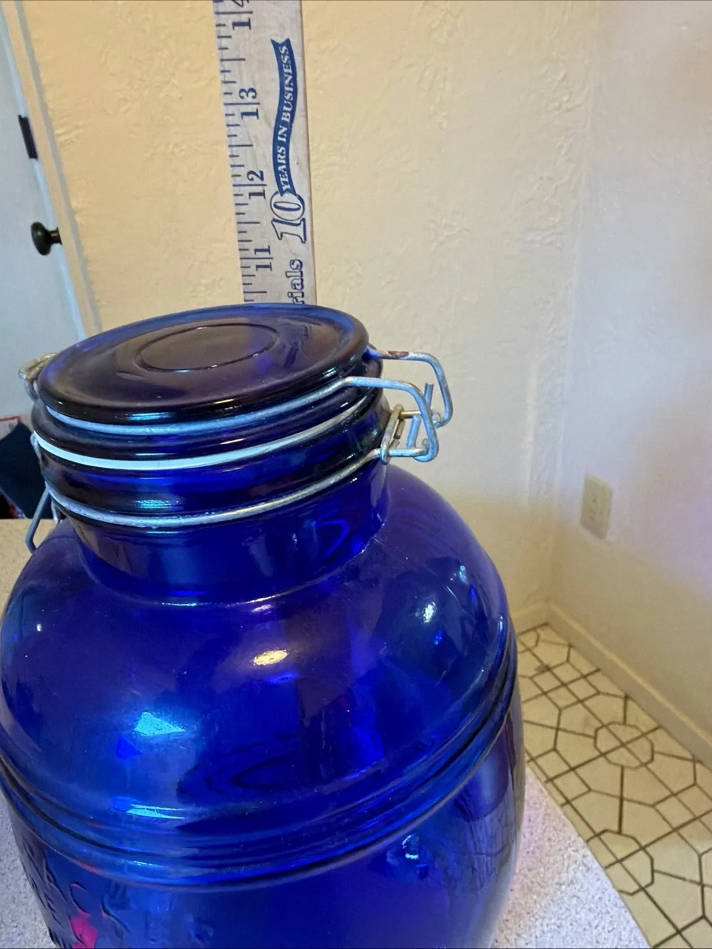 Cobalt Blue Cracker Barrel Glass Airtight Canister with lock down lid 11 inches